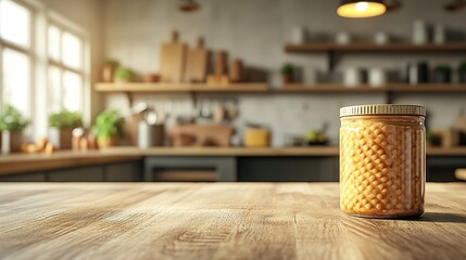 Jar of beans on wooden table in sunny kitchen setting