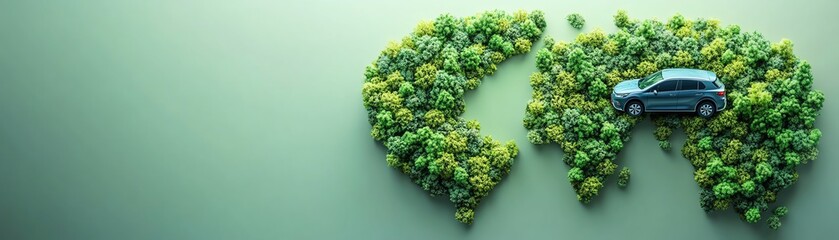 Green world map design, 3D forest shaped like Earth, electric car driving through lush trees, Paris Agreement, sustainability, and environmental action