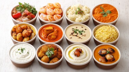 Assortment of different Indian and middle eastern foods set Ramadan Iftar food collection set Desi foods set butter chicken tikka rajma hummus biryani dal rice seekh kebab falafel shrimp