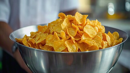 Freshly Made Potato Chips in a Large Bowl Ready for Serving