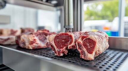 Raw Beef Steaks on a Metal Tray with a Mechanical Arm