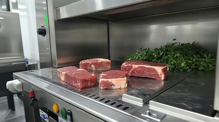 Raw Steak and Herbs in a Stainless Steel Commercial Oven