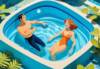 A whimsical paper-cut illustration in a flat cartoon style with strong shadows. A couple swims laps in a clear blue swimming pool. Man and woman are smiling, enjoying the refreshing water.