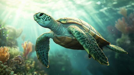 Obraz premium 海中を泳ぐウミガメ