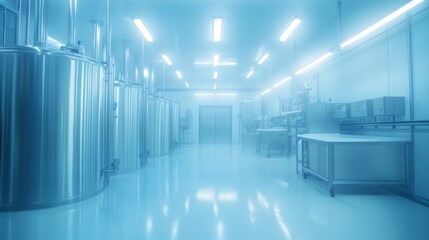 A Row of Stainless Steel Vats in a Blue-Lit Industrial Facility