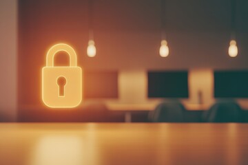 glowing data lock icon hovering over desk with blurred computer monitors and office lights in background