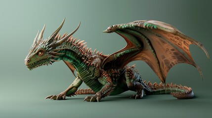 Fototapeta premium A 3D rendered dragon with green scales and large wings.
