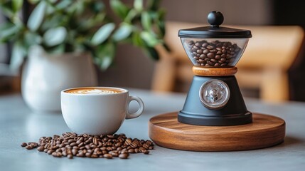 Coffee Grinder, Latte, and Beans on a Countertop