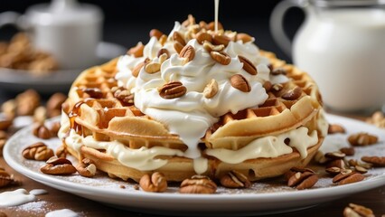 A close-up image of a golden-brown waffle topped with whipped cream and garnished with almonds.
