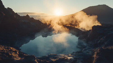 Fototapeta premium A steaming volcanic crater reflecting the morning sun surrounded by jagged volcanic rock.