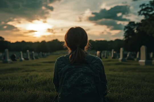 Woman reflecting at military cemetery surrounded by gravestones, peaceful solitude	