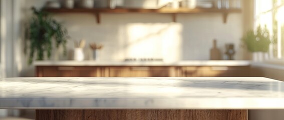 Blurred kitchen interior with a white marble countertop and wooden cabinets. Background for a product presentation mockup. Minimalist home design concept