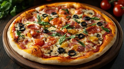 Delicious freshly baked pizza topped with pepperoni, olives, and vegetables on a rustic wooden board
