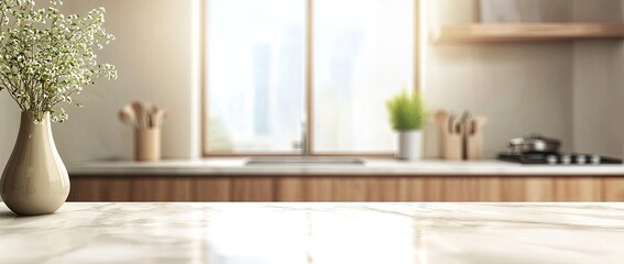 Blurred kitchen interior with a white marble countertop and wooden cabinets. Background for a product presentation mockup. Minimalist home design concept