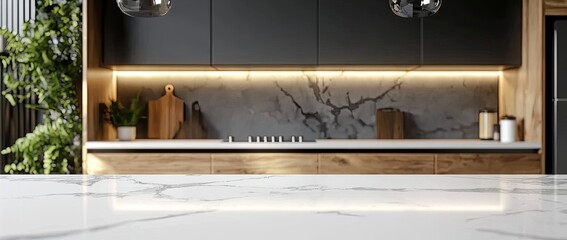 Blurred kitchen interior with a white marble countertop and wooden cabinets. Background for a product presentation mockup. Minimalist home design concept