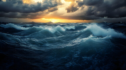 A stormy ocean sunset with golden light piercing through storm clouds and reflecting off wild choppy waters.
