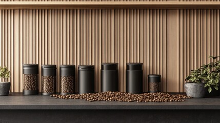 Fototapeta premium Coffee Bean Storage Jars on Wooden Shelf