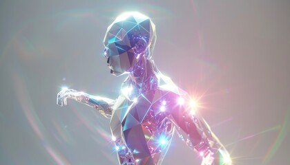A Crystalline Robot Figure Stands Illuminated