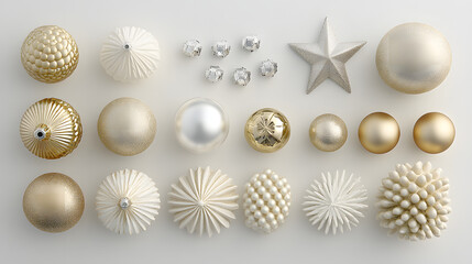 Fototapeta premium Elegant collection of gold and white Christmas ornaments. Various textures and shapes, including balls, stars, and unique designs. Perfect for festive decor.