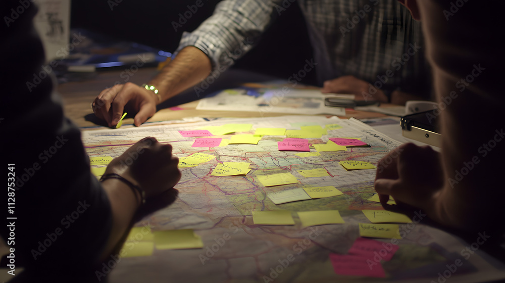 Poster team brainstorming around a large map covered in sticky notes. ideas and plans are being collaborati