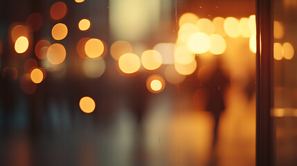 A blurred image of a shopping mallâ€™s interior illuminated by decorative lighting, featuring golden bokeh effects scattered across the frame. Flares from bright light bulbs add depth, while the faint