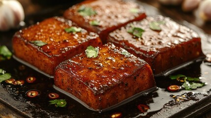 Grilled Tofu with Spices and Herbs on a Dark Plate