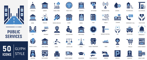 Public Services Icon set. Containing policy, community, government employee, public finance, interest, transport icon. Vector Illustration