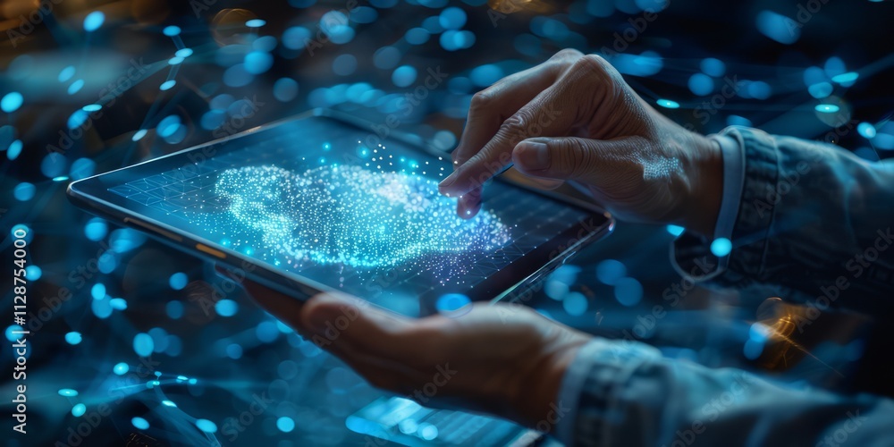 Poster hands interacting with a tablet displaying a glowing holographic network, symbolizing technology