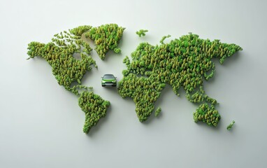 3D world map forest design, green planet Earth, isolated on white, Paris Agreement concept, electric car symbolizing ecofriendly progress