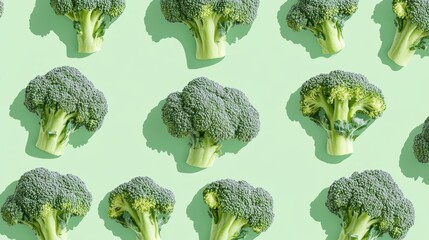 Monochrome pattern of broccoli on pastel green background Creative food concept top view