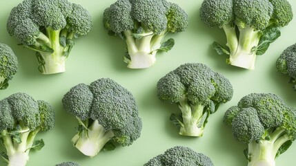 Monochrome pattern of broccoli on pastel green background Creative food concept top view