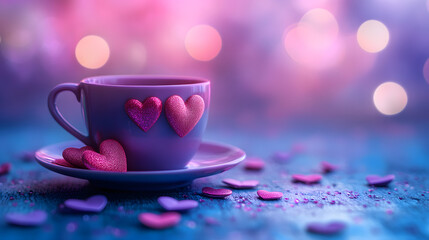 Fototapeta premium Purple cup with hearts on colorful background, perfect for love