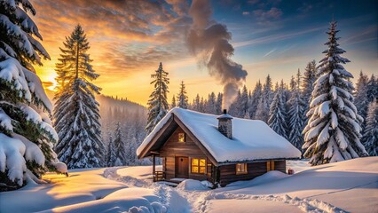 Fototapeta premium A Rustic Cabin Nestled Amidst Snow-Covered Evergreens, Bathed in the Golden Hues of a Serene Winter Sunset