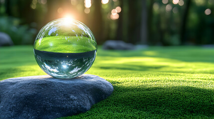 Earth Day - Environment - Green Globe In Forest With Moss And Defocused Abstract Sunlight