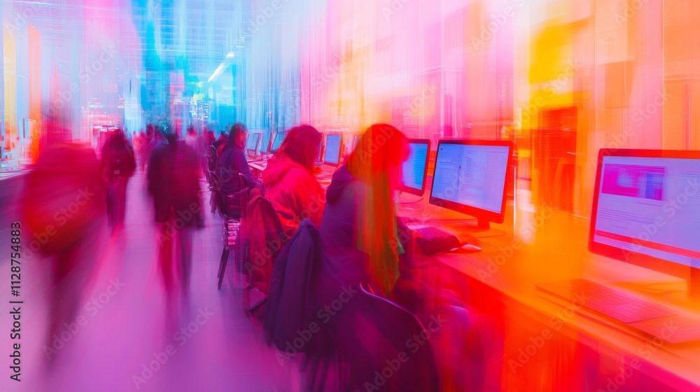 Poster blurred image of people working on computers in a brightly lit room
