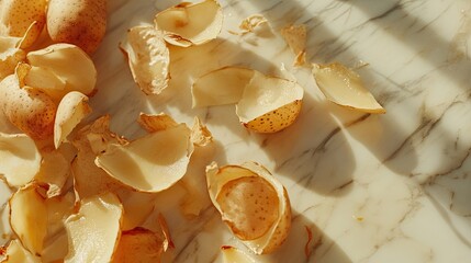 Natural texture of potato peels scattered on marble surface