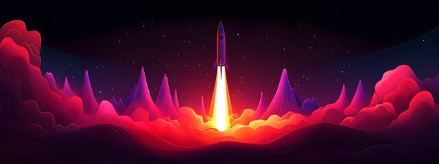 A rocket taking off into space, surrounded by colorful smoke clouds, in the style of vector illustration, flat design