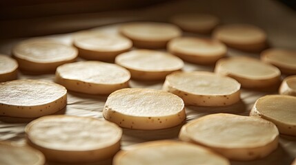 Sliced Potatoes Arranged on Baking Sheet for Cooking Preparation