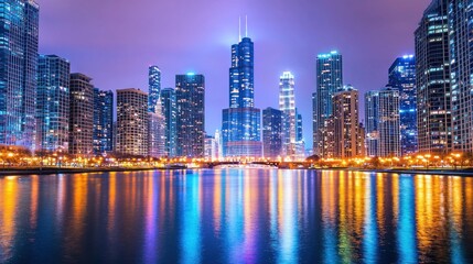 Obraz premium Nighttime Cityscape Reflecting in Calm Water