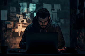 Cybercriminal Strategizing with Laptop in Dark - Minimalist Setup  