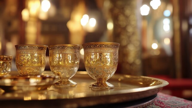 Golden Chalices on a Tray in a Church Setting - Powered by Adobe
