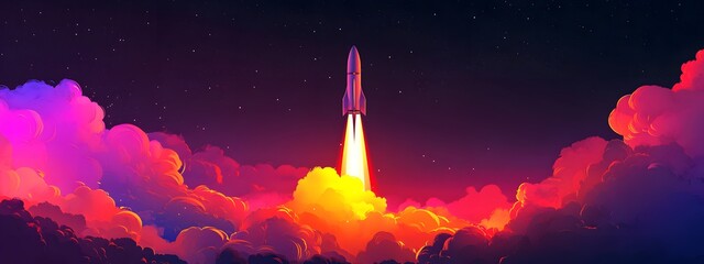 A rocket taking off into space, surrounded by colorful smoke clouds, in the style of vector illustration, flat design