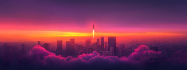 A rocket taking off into space, surrounded by colorful smoke clouds, in the style of vector illustration, flat design