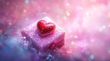 Sparkling Gift Box with Heart on Soft Pink Background