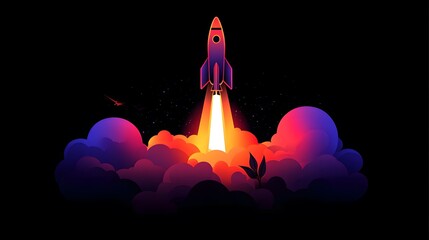 A rocket taking off into space, surrounded by colorful smoke clouds, in the style of vector illustration, flat design