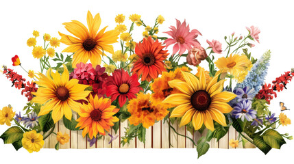 Vibrant Sunflowers and Flowers by Wooden Fence