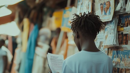 Fototapeta premium Person standing in front of a job listings board, scanning opportunities with a focused expression. The scene conveys the pursuit of career advancement and the search for meaningful employment.