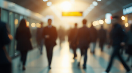 Fototapeta premium Silhouettes of people on the station platform, rush and waiting for the train, blurred image