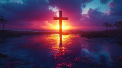 A stunning sunset reflects colors around a cross by the water, creating tranquility