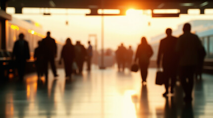 Blurred silhouettes of passengers standing on a train station platform waiting for a train